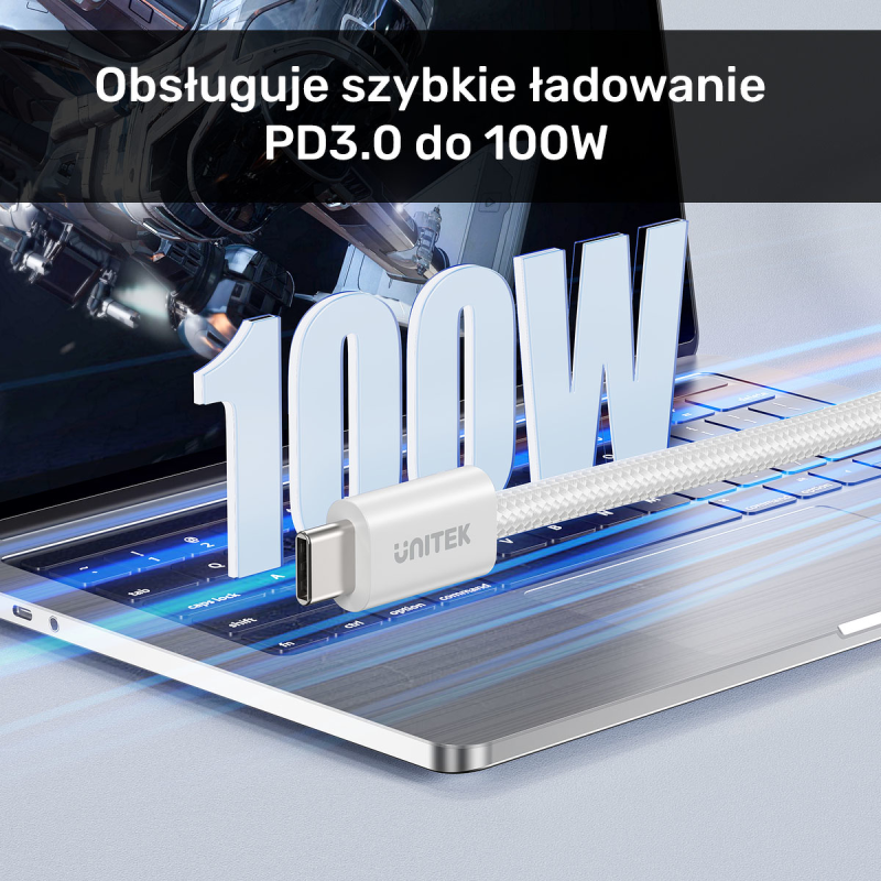 Unitek Kabel w oplocie zwijany magnetycznie USB C PD 100W różowy 1m