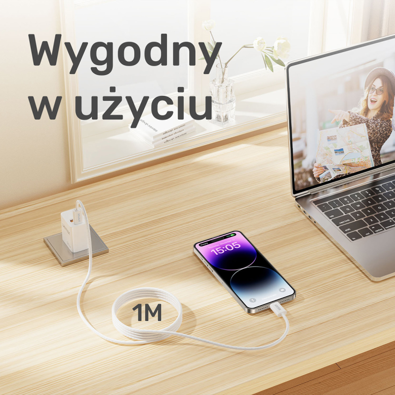 Unitek Kabel w oplocie zwijany magnetycznie USB C PD 100W biały 1m
