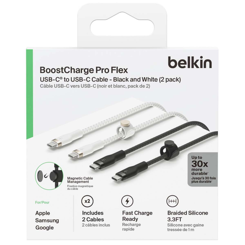 Belkin 2 Kable w oplocie USB-C na USB-C 60W, 1 m, biały i czarny