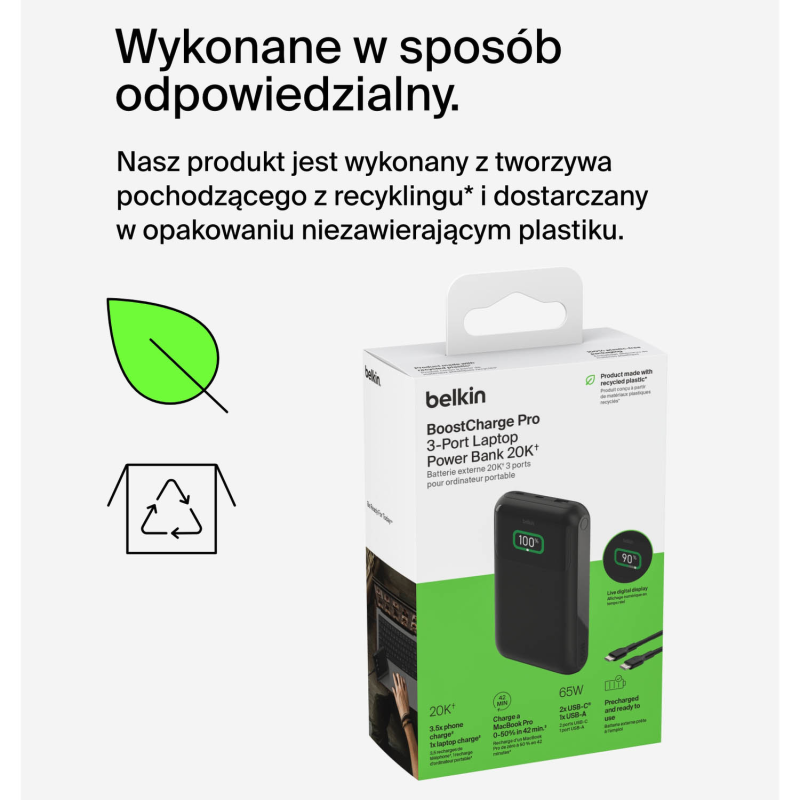 Belkin Powerbank 20 000 mAh, 2x USB-C PD 65W, USB-A 18W, z wyświetlaczem, czarny