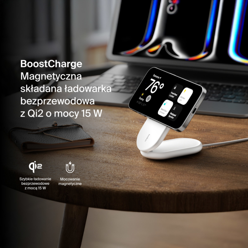 Belkin Ładowarka indukcyjna składana MagsSafe Qi2 15W biała z zasilaczem 20W