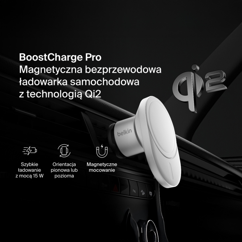 Belkin Ładowarka samochodowa, magnetyczna, Qi2.0, 15W, szara