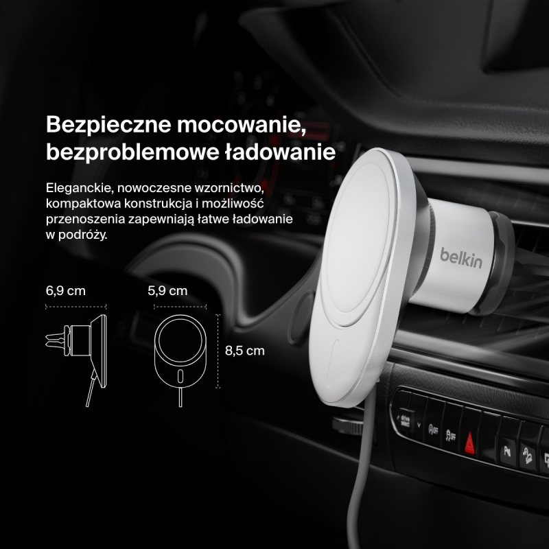 Belkin Ładowarka samochodowa, magnetyczna, Qi2.0, 15W, szara
