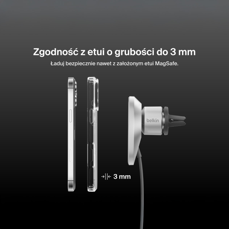 Belkin Ładowarka samochodowa, magnetyczna, Qi2.0, 15W, zasilacz 20W, szara
