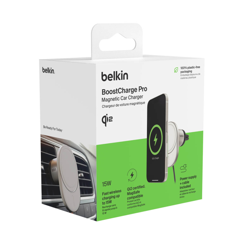 Belkin Ładowarka samochodowa, magnetyczna, Qi2.0, 15W, zasilacz 20W, szara