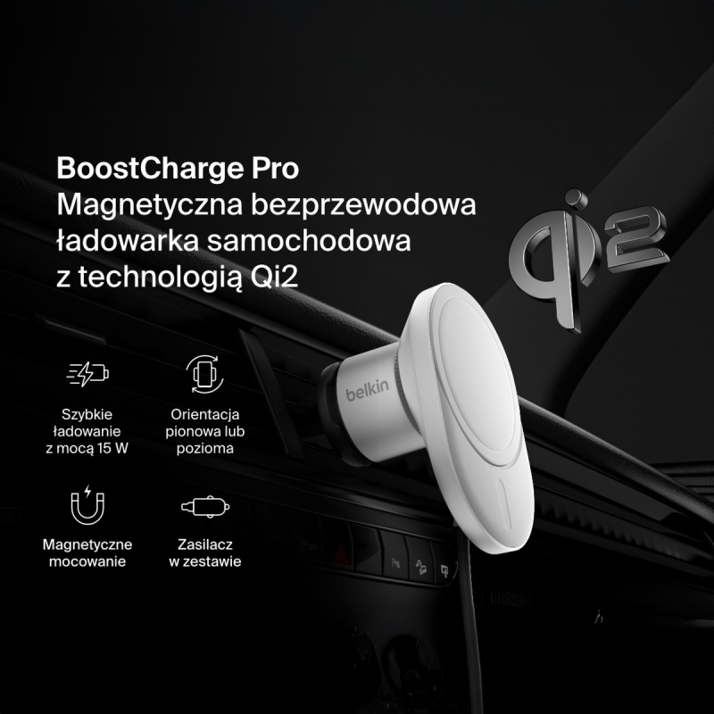 Belkin Ładowarka samochodowa, magnetyczna, Qi2.0, 15W, zasilacz 20W, szara