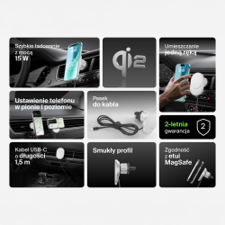 Belkin Ładowarka samochodowa, magnetyczna, Qi2.0, 15W, zasilacz 20W, szara