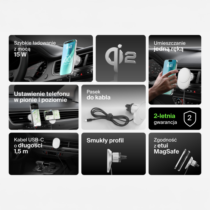 Belkin Ładowarka samochodowa, magnetyczna, Qi2.0, 15W, zasilacz 20W, szara