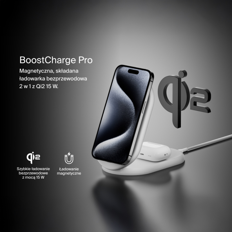 Belkin ładowarka indukcyjna składana 2w1 MagSafe Qi2 15 W biała z zasilaczem 36 W