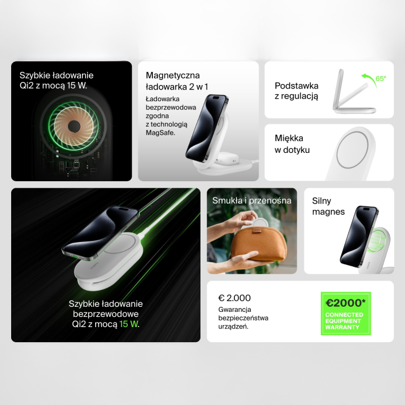Belkin ładowarka indukcyjna składana 2w1 MagSafe Qi2 15 W biała z zasilaczem 36 W