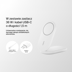 Belkin ładowarka indukcyjna składana 2w1 MagSafe Qi2 15 W biała z zasilaczem 36 W