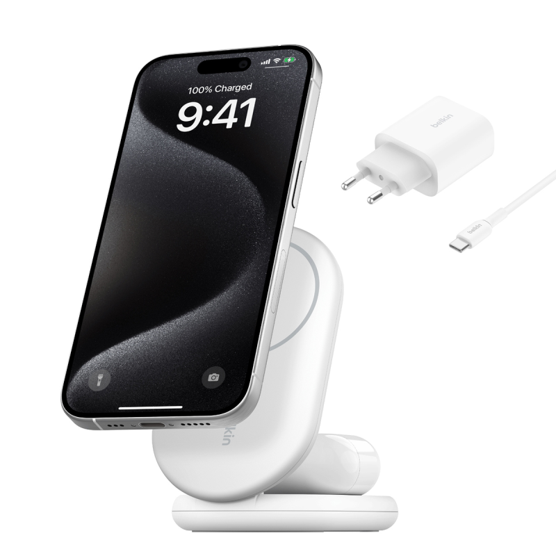 Belkin ładowarka indukcyjna składana 2w1 MagSafe Qi2 15 W biała z zasilaczem 36 W