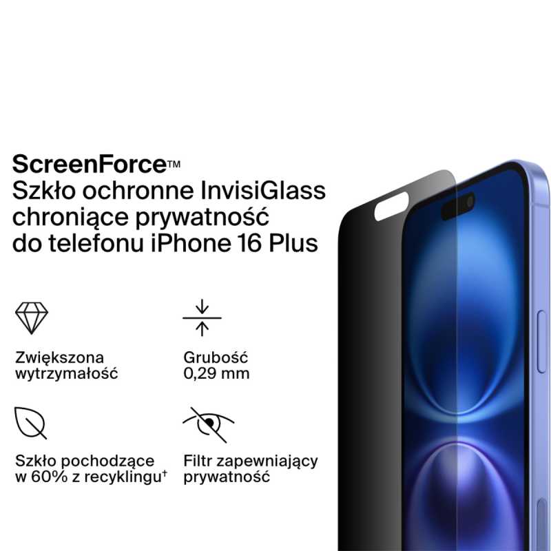 Belkin Szkło prywatyzujące na iPhone 16 Plus / 15 Plus / 14 Pro Max, InvisiGlass, z aplikatorem