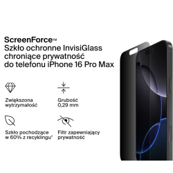 Belkin Szkło prywatyzujące na iPhone 16 Pro Max, InvisiGlass, z aplikatorem