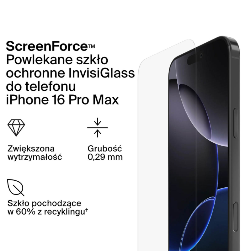 Belkin Szkło na iPhone 16 Pro Max, InvisiGlass, z aplikatorem