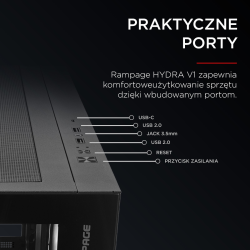 Rampage Hydra V1 Obudowa PC 4x wentylator USB C/USB A ARGB + hub, czarna