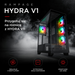 Rampage Hydra V1 Obudowa PC 4x wentylator USB C/USB A ARGB + hub, czarna