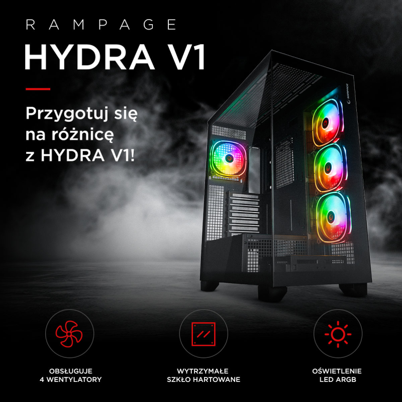 Rampage Hydra V1 Obudowa PC 4x wentylator USB C/USB A ARGB + hub, czarna