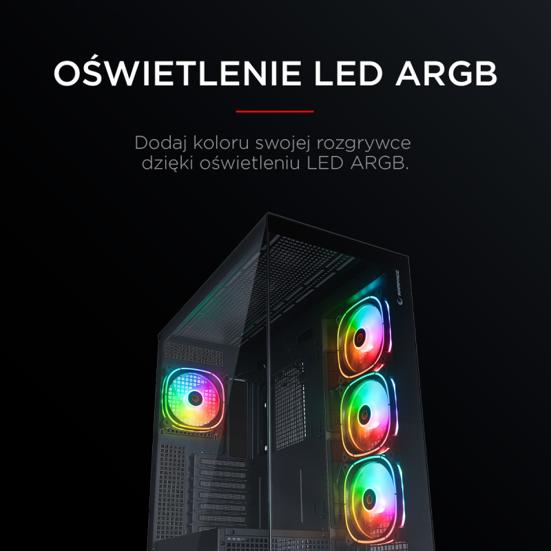 Rampage Hydra V1 Obudowa PC 4x wentylator USB C/USB A ARGB + hub, czarna