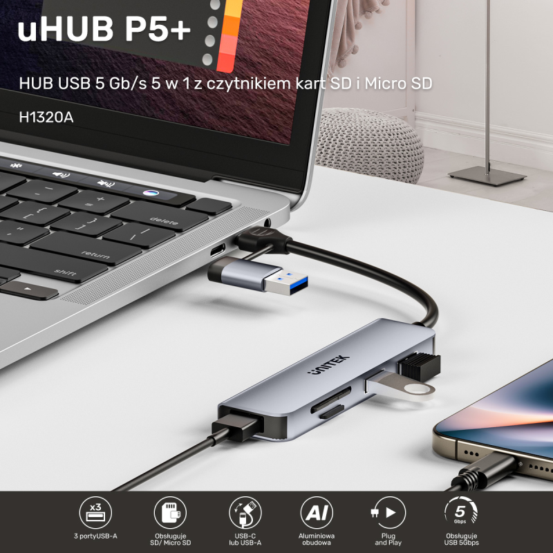 Unitek Hub 5w1 USB-A/C 5 Gbps z czytnikiem kart SD i micro SD