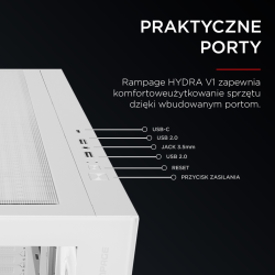 Rampage Hydra V1 Obudowa PC 4x wentylator USB C/USB A ARGB + hub, biała
