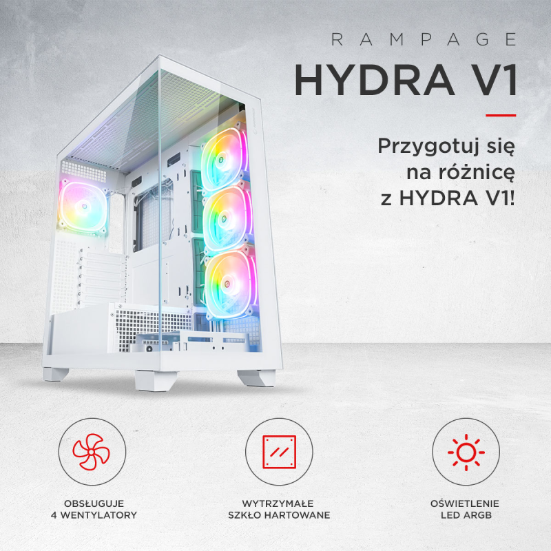 Rampage Hydra V1 Obudowa PC 4x wentylator USB C/USB A ARGB + hub, biała