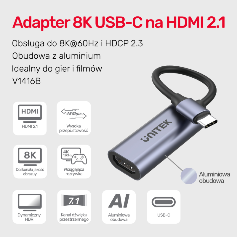 Unitek Adapter USB-C na HDMI 2.1 (8K 60Hz) szary 15cm