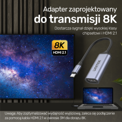 Unitek Adapter USB-C na HDMI 2.1 (8K 60Hz) szary 15cm