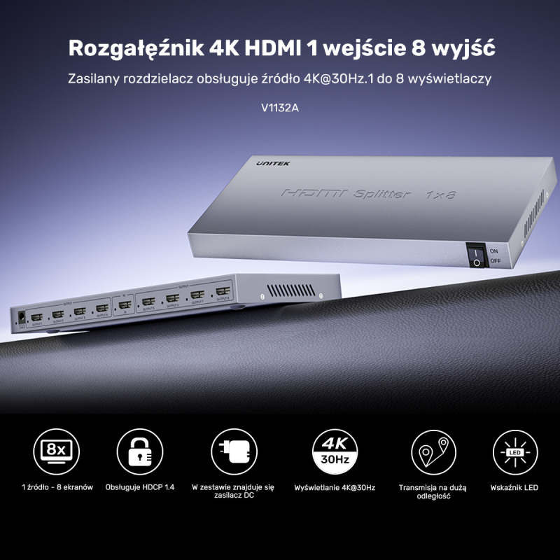 Unitek Rozgałęźnik sygnału HDMI 1 IN-8 OUT 4K