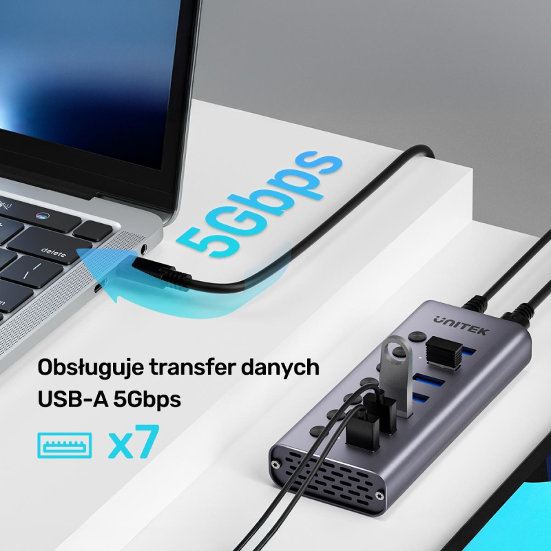 Unitek Hub USB A 3.0 7w1, 5Gbps z przełącznikami portów