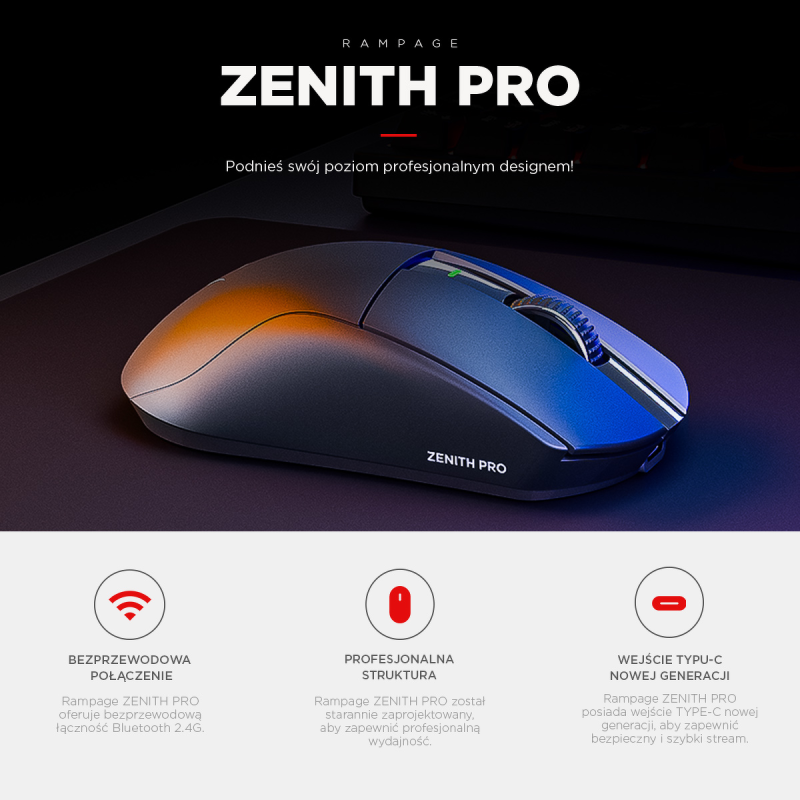 Rampage Zenith Pro Black mysz bezprzewodowa 26000 DPI czarna + odbiornik 4 Khz PAW3395 BT 5.2