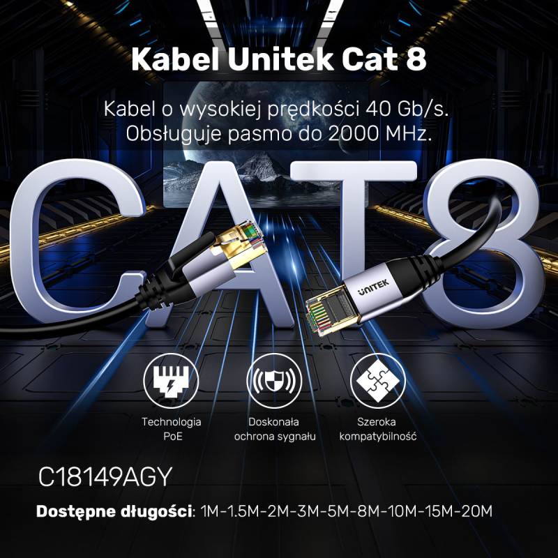 Unitek kabel Ethernet RJ-45 LAN, patchcord cat.8 (S/FTP), przewód sieciowy 15m