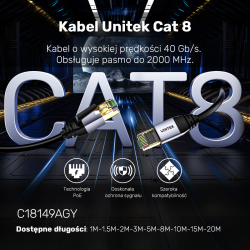Unitek kabel Ethernet RJ-45 LAN, patchcord cat.8 (S/FTP), przewód sieciowy 8m