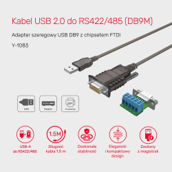 Unitek Konwerter/Adapter USB 2.0 do RS422/RS485 (DB9M) z chipsetem FTDI, 1,5m