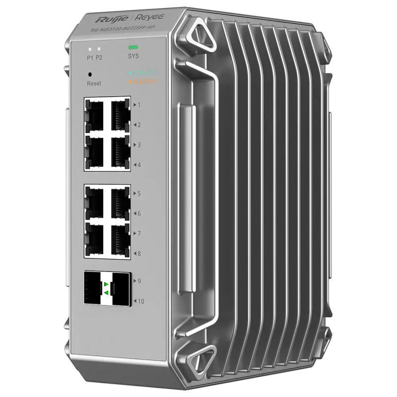Ruijie Reyee RG-NIS3100-8GT2SFP-HP | Switch zarządzalny przemysłowy, 10 portów, 8xGE, 8xPoE, 240W, 2xSFP, L2, Cloud