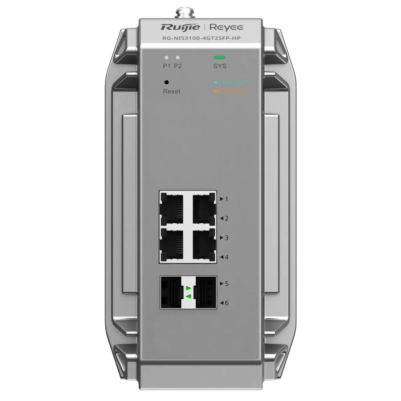 Ruijie Reyee RG-NIS3100-4GT2SFP-HP | Switch zarządzalny przemysłowy, 6 portów, 4xGE, 4xPoE, 120W, 2xSFP, L2, Cloud