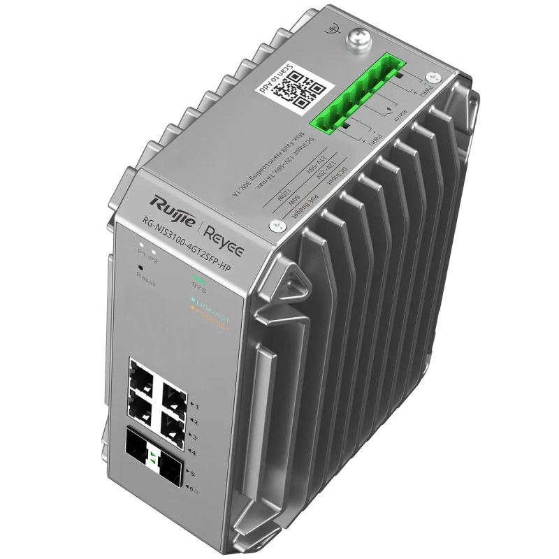 Ruijie Reyee RG-NIS3100-4GT2SFP-HP | Switch zarządzalny przemysłowy, 6 portów, 4xGE, 4xPoE, 120W, 2xSFP, L2, Cloud