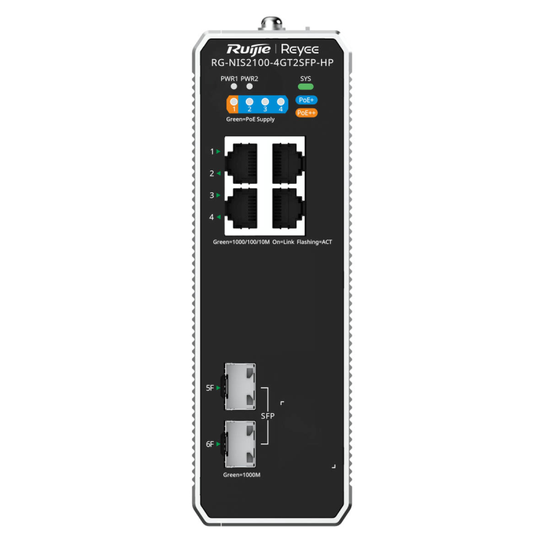 Ruijie Reyee RG-NIS2100-4GT2SFP-HP | Switch zarządzalny przemysłowy, 6 portów, 4xGE, 1xPoE++, 3xPoE+, 180W, 2xSFP, L2, Cloud