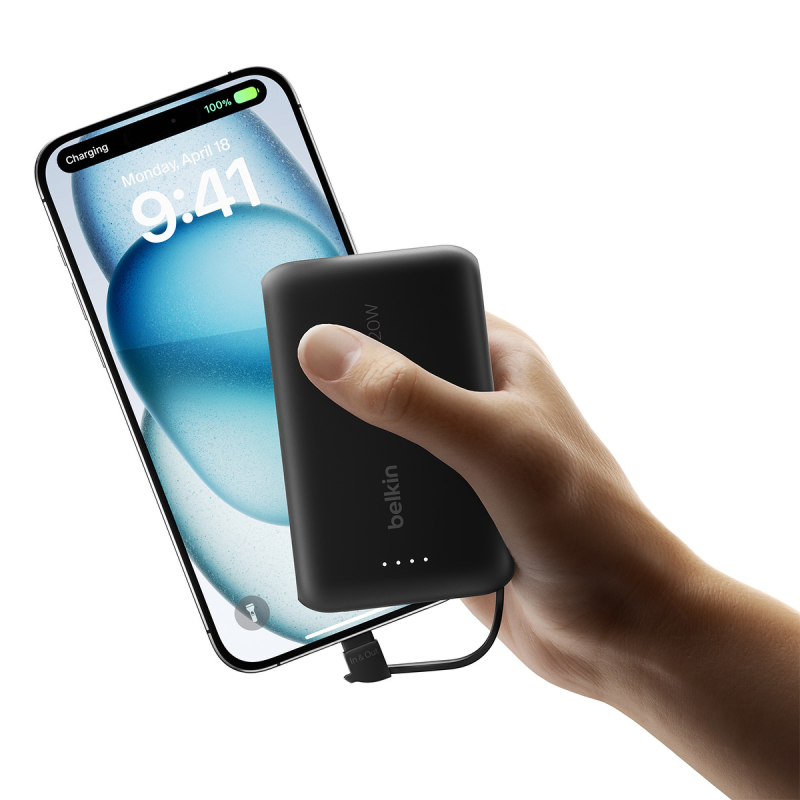 Belkin Powerbank 10 000 mAh, 20W, wbudowany kabel USB-C, czarny