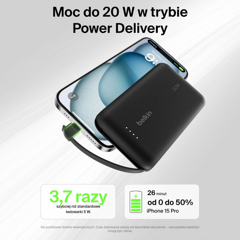 Belkin Powerbank 10 000 mAh, 20W, wbudowany kabel USB-C, czarny