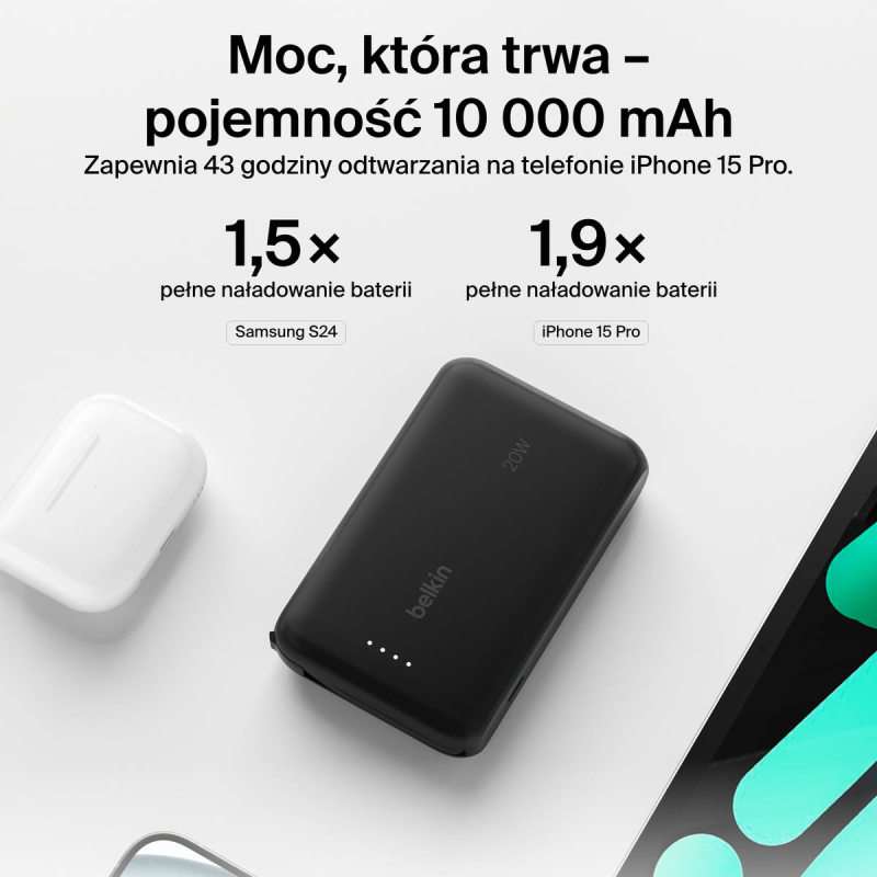 Belkin Powerbank 10 000 mAh, 20W, wbudowany kabel USB-C, czarny