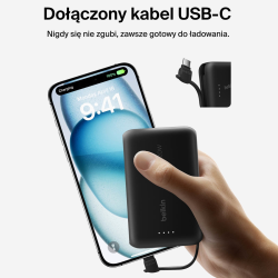 Belkin Powerbank 10 000 mAh, 20W, wbudowany kabel USB-C, czarny