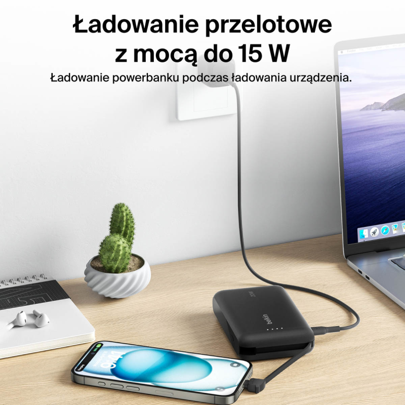 Belkin Powerbank 10 000 mAh, 20W, wbudowany kabel USB-C, czarny