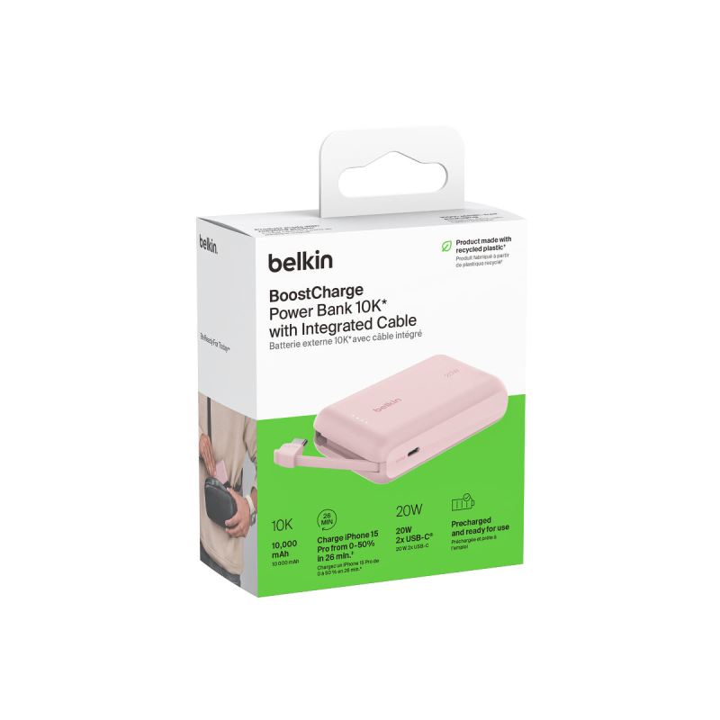 Belkin Powerbank 10 000 mAh, 20W, wbudowany kabel USB-C, różowy
