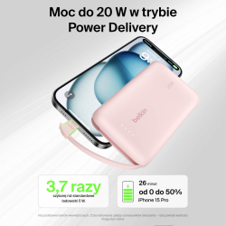 Belkin Powerbank 10 000 mAh, 20W, wbudowany kabel USB-C, różowy