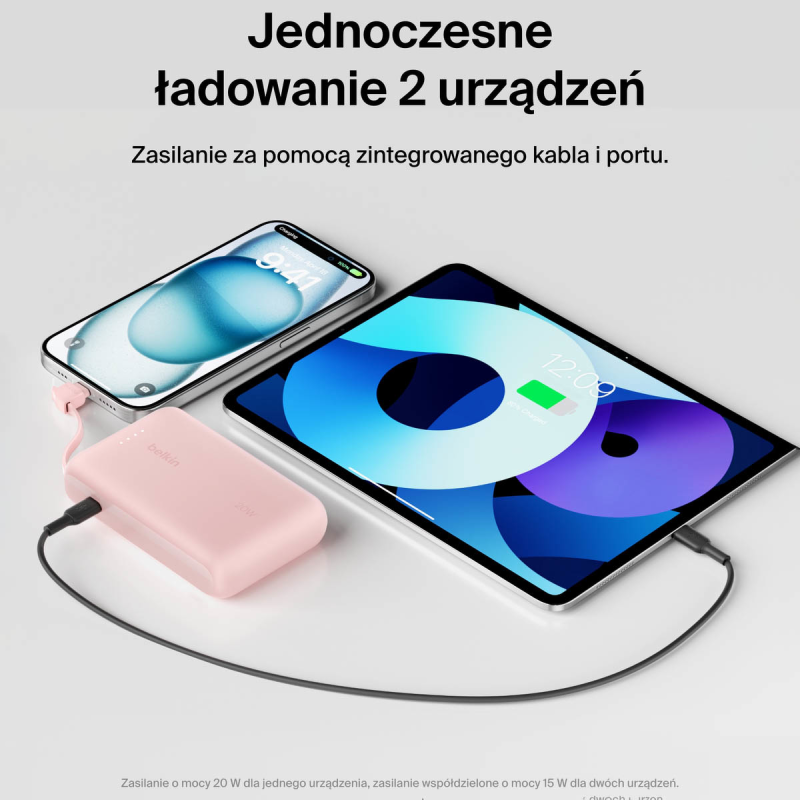 Belkin Powerbank 10 000 mAh, 20W, wbudowany kabel USB-C, różowy