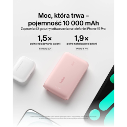 Belkin Powerbank 10 000 mAh, 20W, wbudowany kabel USB-C, różowy