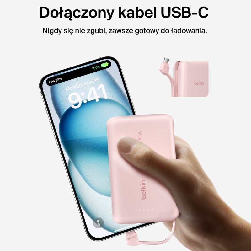 Belkin Powerbank 10 000 mAh, 20W, wbudowany kabel USB-C, różowy
