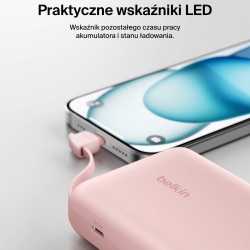 Belkin Powerbank 10 000 mAh, 20W, wbudowany kabel USB-C, różowy