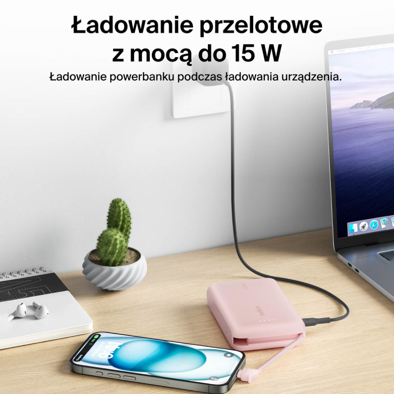 Belkin Powerbank 10 000 mAh, 20W, wbudowany kabel USB-C, różowy